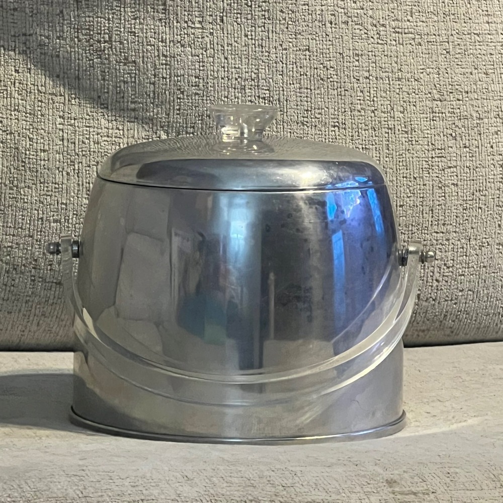 Vintage Kromex Aluminum Ice Bucket Mid Century Lucite Handle Silver Barware